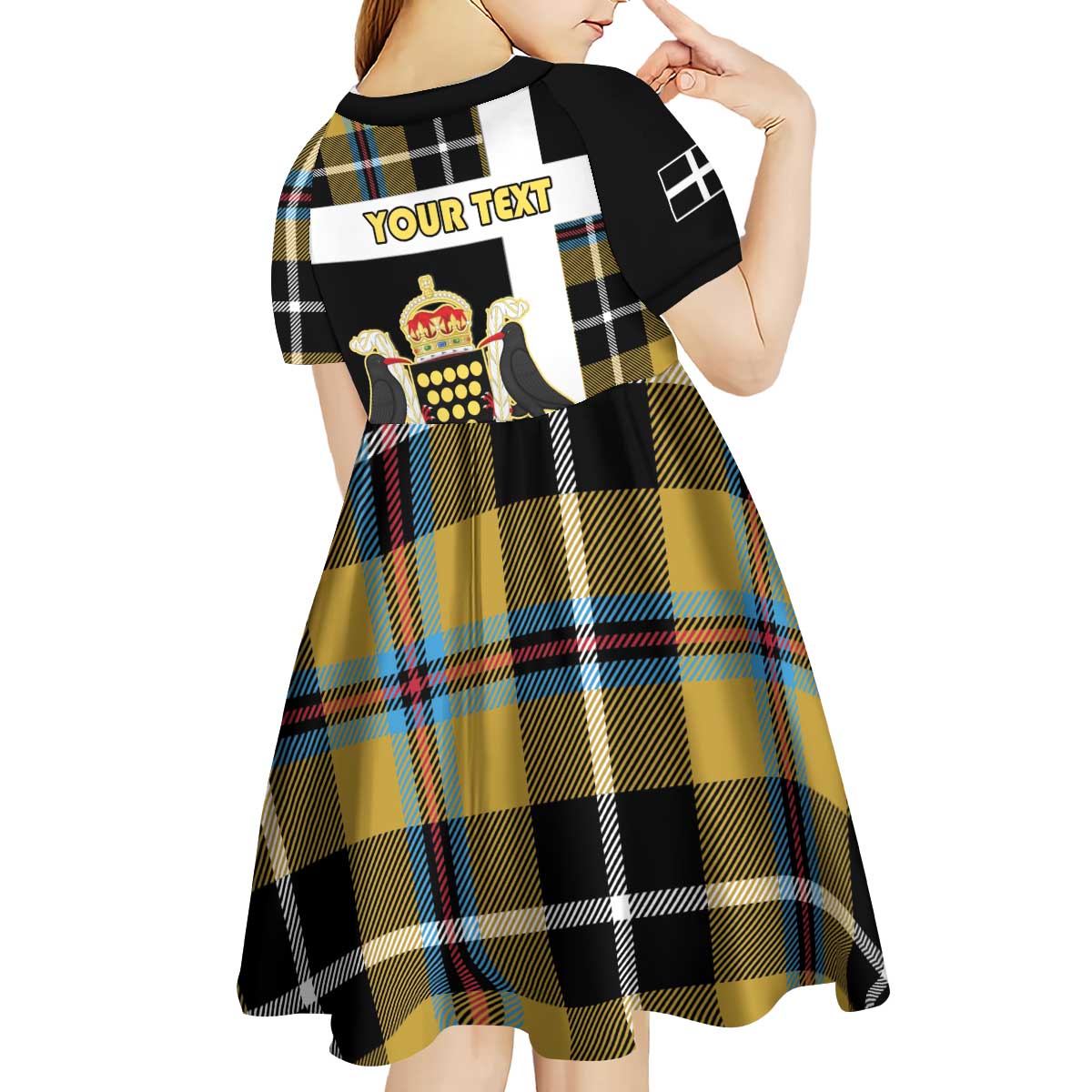 Personalized Cornwall Kid Short Sleeve Dress Coat Of Arms - Cornish Tartan - Wonder Print Shop