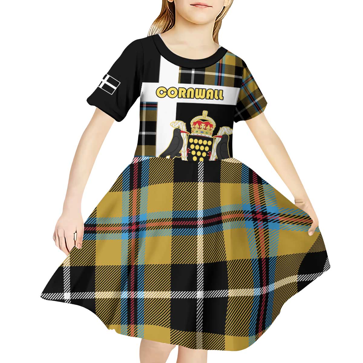 Personalized Cornwall Kid Short Sleeve Dress Coat Of Arms - Cornish Tartan - Wonder Print Shop