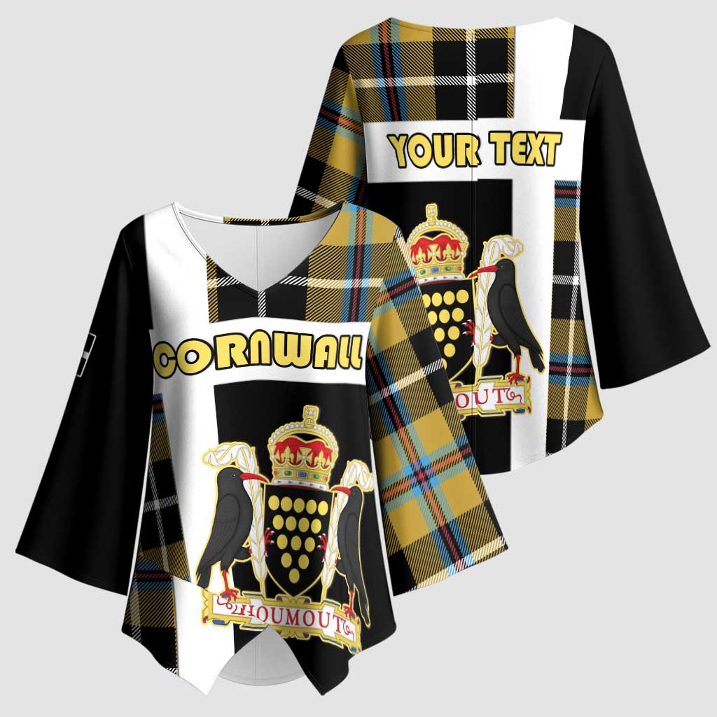 Personalized Cornwall Kimono Sleeve Blouse Coat Of Arms - Cornish Tartan - Wonder Print Shop
