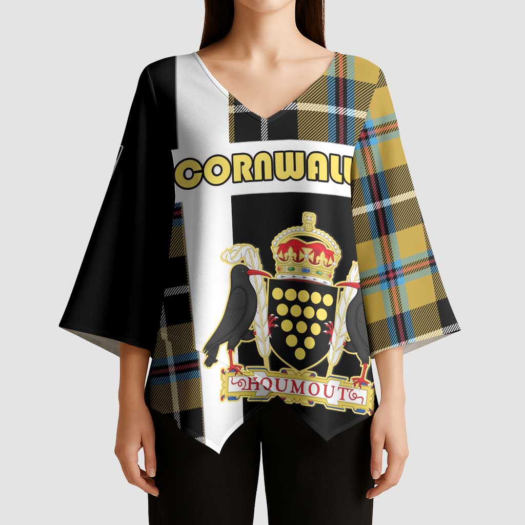 Personalized Cornwall Kimono Sleeve Blouse Coat Of Arms - Cornish Tartan - Wonder Print Shop