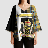 Personalized Cornwall Kimono Sleeve Blouse Coat Of Arms - Cornish Tartan - Wonder Print Shop