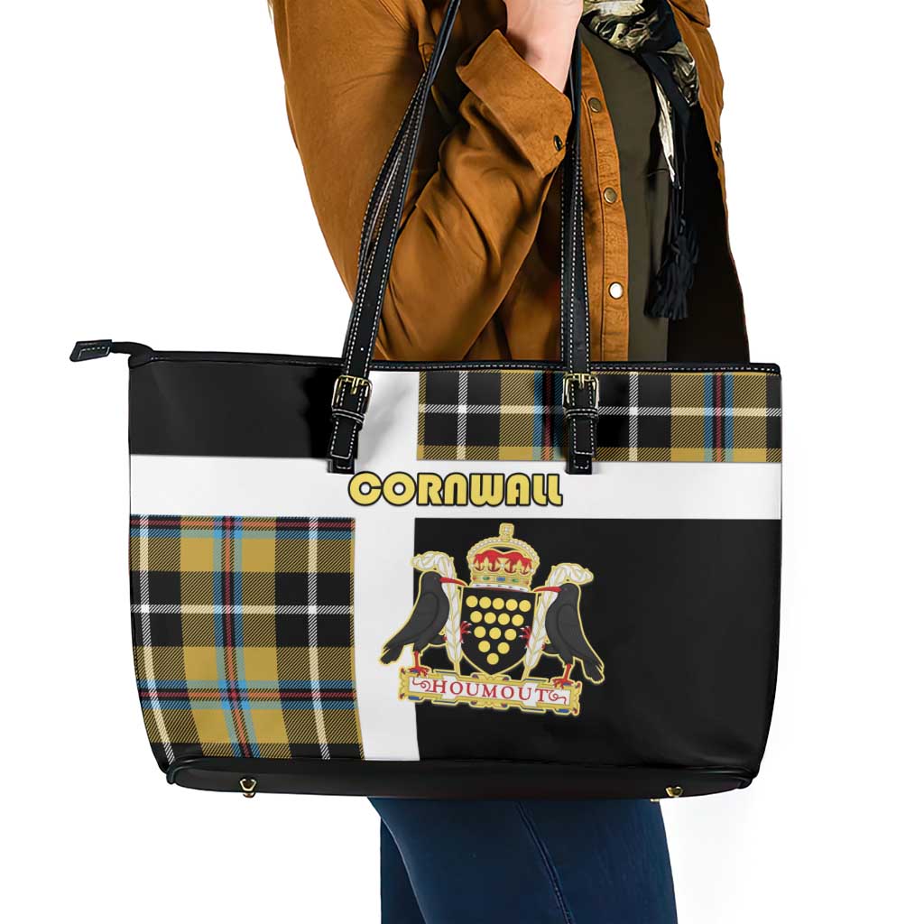 Cornwall Leather Tote Bag Coat Of Arms - Cornish Tartan - Wonder Print Shop