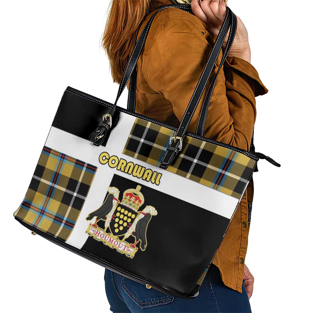 Cornwall Leather Tote Bag Coat Of Arms - Cornish Tartan - Wonder Print Shop