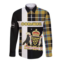 Personalized Cornwall Long Sleeve Button Shirt Coat Of Arms - Cornish Tartan - Wonder Print Shop