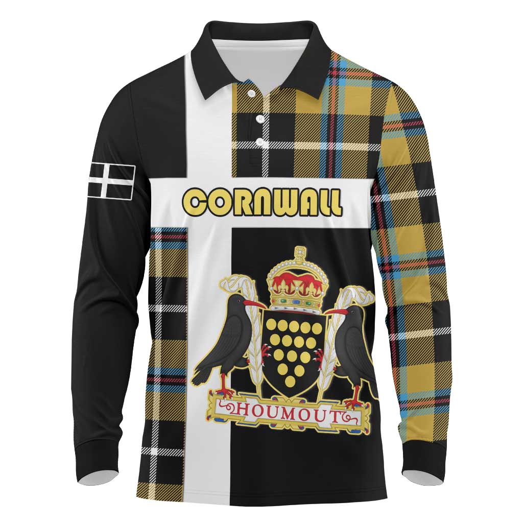 Personalized Cornwall Long Sleeve Polo Shirt Coat Of Arms - Cornish Tartan - Wonder Print Shop