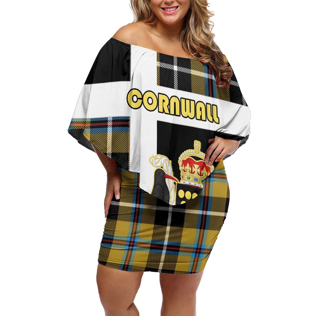 Personalized Cornwall Off Shoulder Short Dress Coat Of Arms - Cornish Tartan - Wonder Print Shop