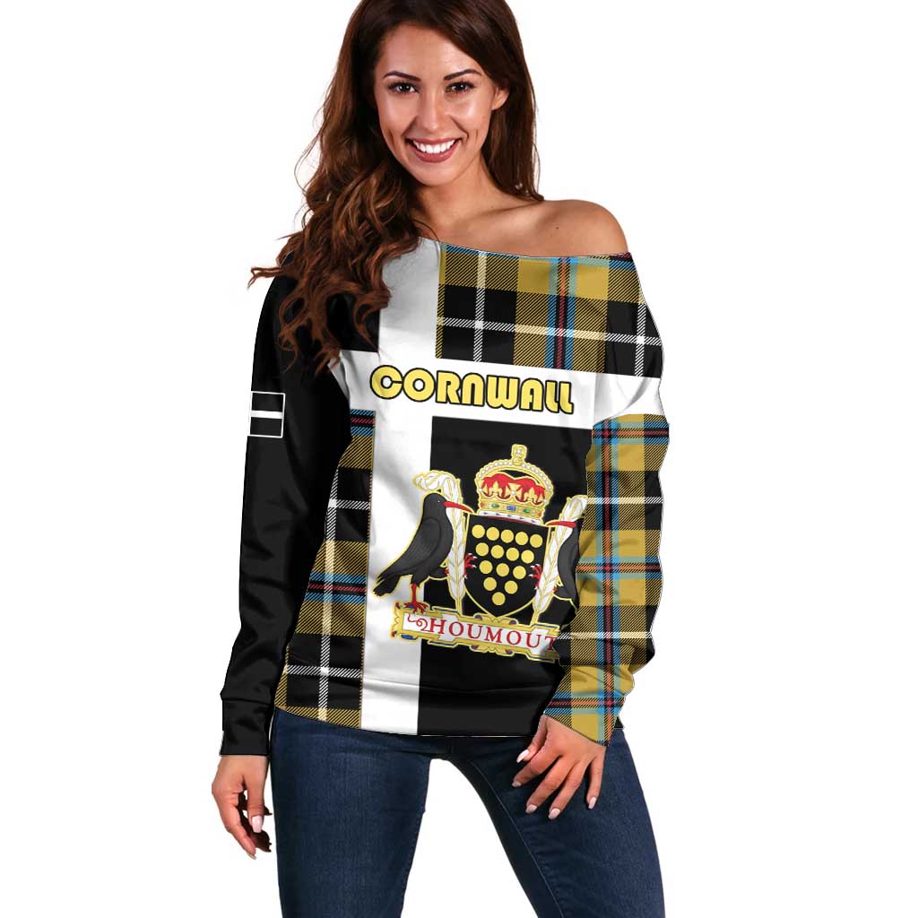 Personalized Cornwall Off Shoulder Sweater Coat Of Arms - Cornish Tartan - Wonder Print Shop