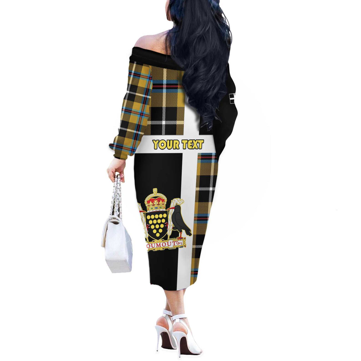 Personalized Cornwall Off The Shoulder Long Sleeve Dress Coat Of Arms - Cornish Tartan - Wonder Print Shop