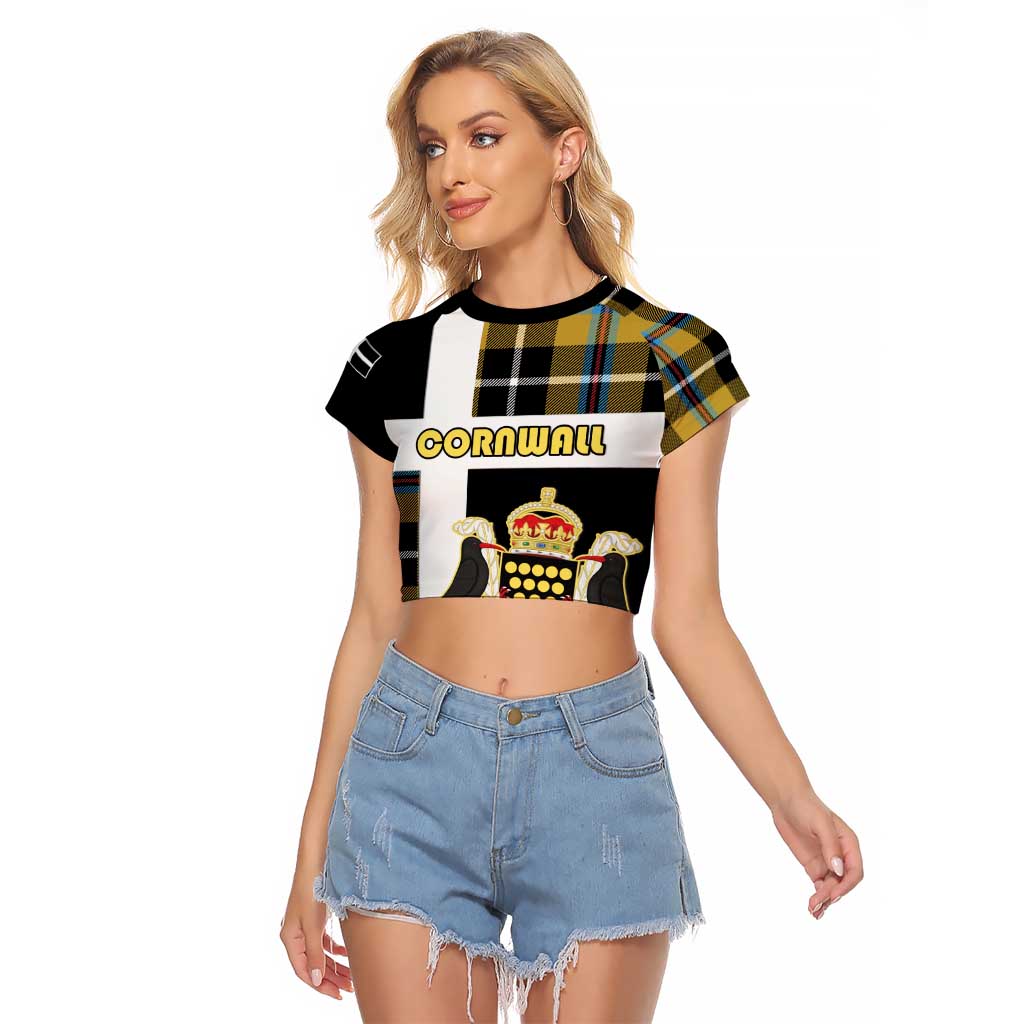 Personalized Cornwall Raglan Cropped T Shirt Coat Of Arms - Cornish Tartan - Wonder Print Shop