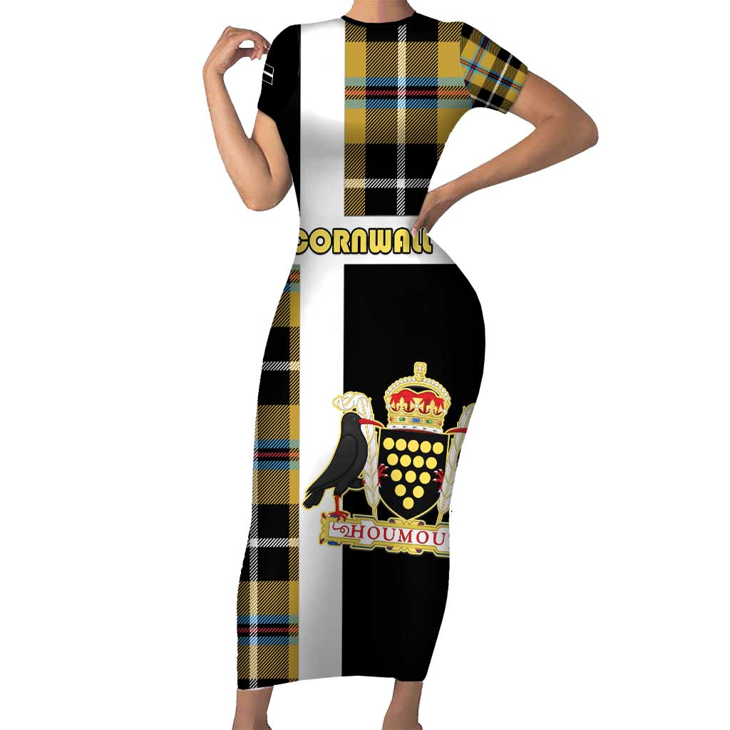 Personalized Cornwall Short Sleeve Bodycon Dress Coat Of Arms - Cornish Tartan - Wonder Print Shop