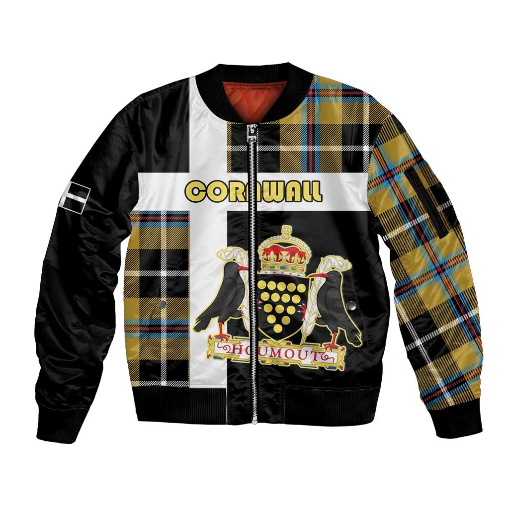 Personalized Cornwall Sleeve Zip Bomber Jacket Coat Of Arms - Cornish Tartan - Wonder Print Shop