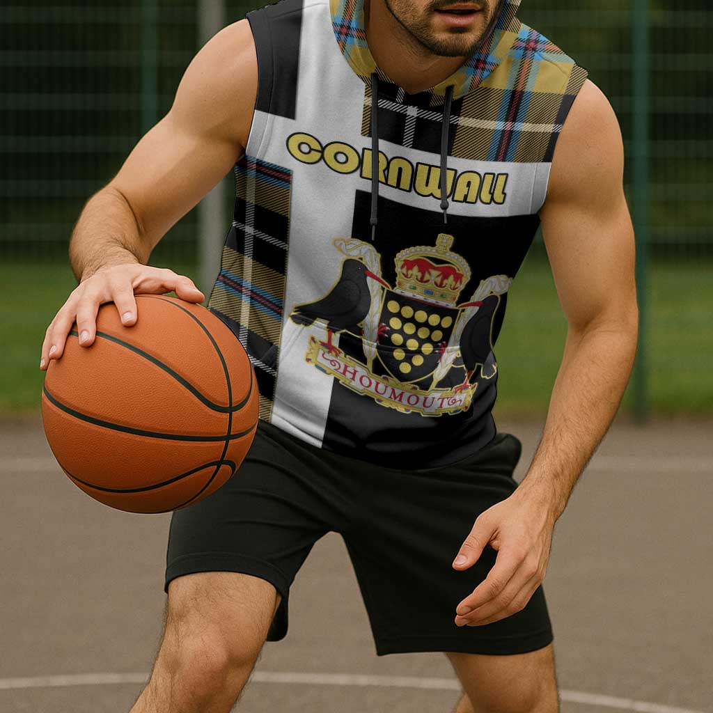 Personalized Cornwall Sleeveless Hoodie Coat Of Arms - Cornish Tartan - Wonder Print Shop