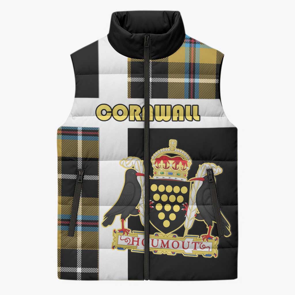 Personalized Cornwall Sleeveless Puffer Jacket Coat Of Arms - Cornish Tartan - Wonder Print Shop