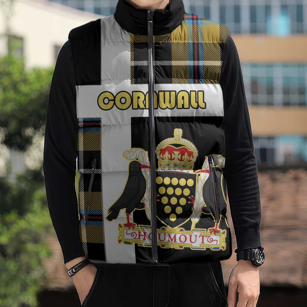 Personalized Cornwall Sleeveless Puffer Jacket Coat Of Arms - Cornish Tartan - Wonder Print Shop