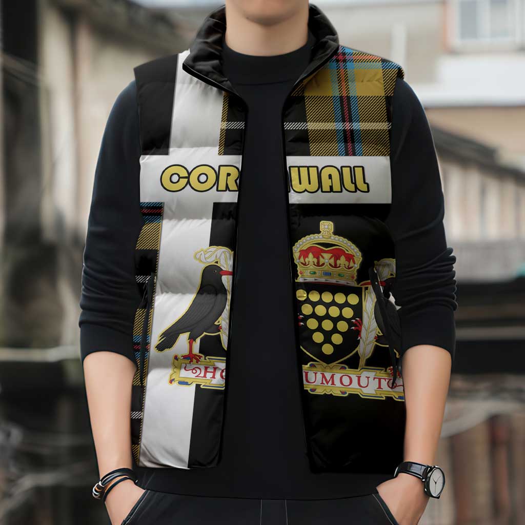 Personalized Cornwall Sleeveless Puffer Jacket Coat Of Arms - Cornish Tartan - Wonder Print Shop