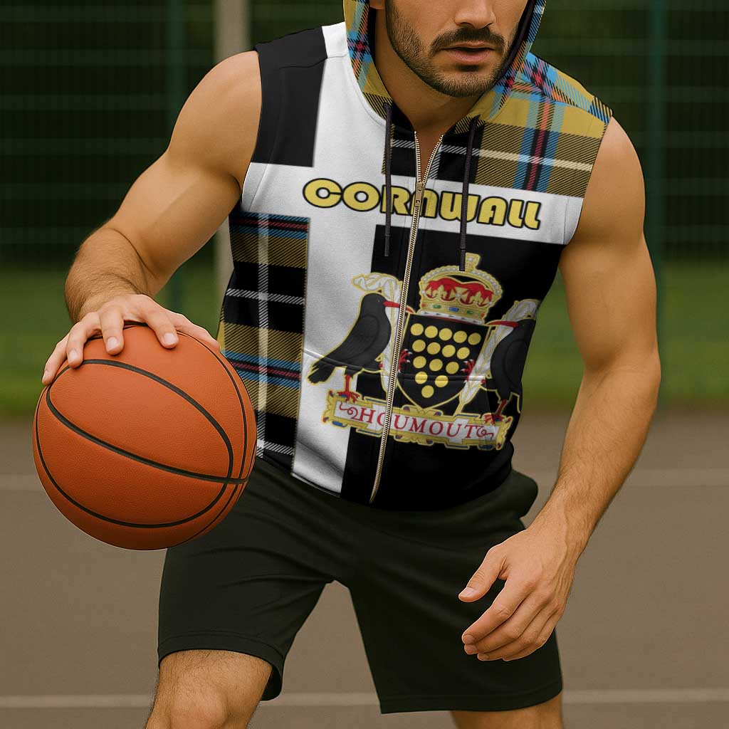 Personalized Cornwall Sleeveless Zip Hoodie Coat Of Arms - Cornish Tartan - Wonder Print Shop