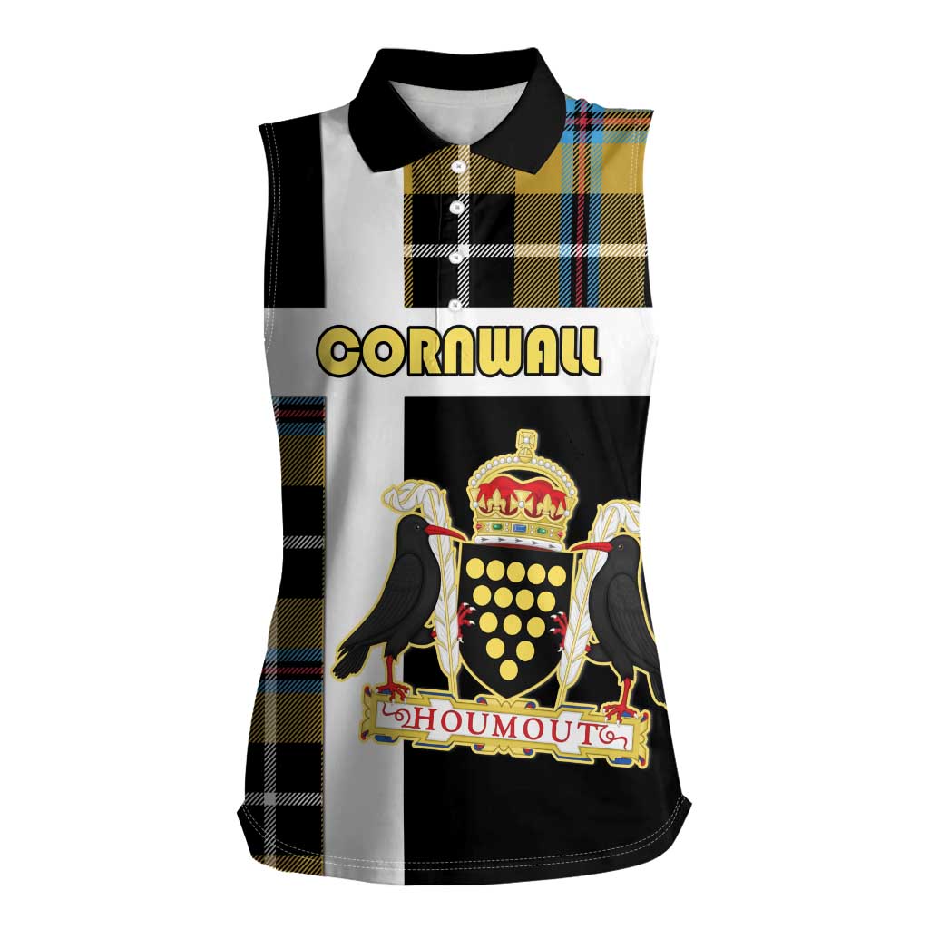 Personalized Cornwall Women Sleeveless Polo Shirt Coat Of Arms - Cornish Tartan - Wonder Print Shop