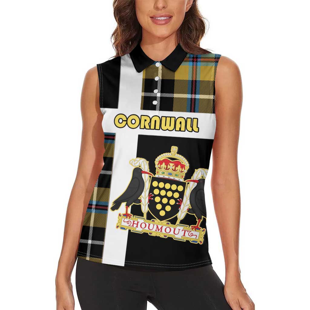 Personalized Cornwall Women Sleeveless Polo Shirt Coat Of Arms - Cornish Tartan - Wonder Print Shop