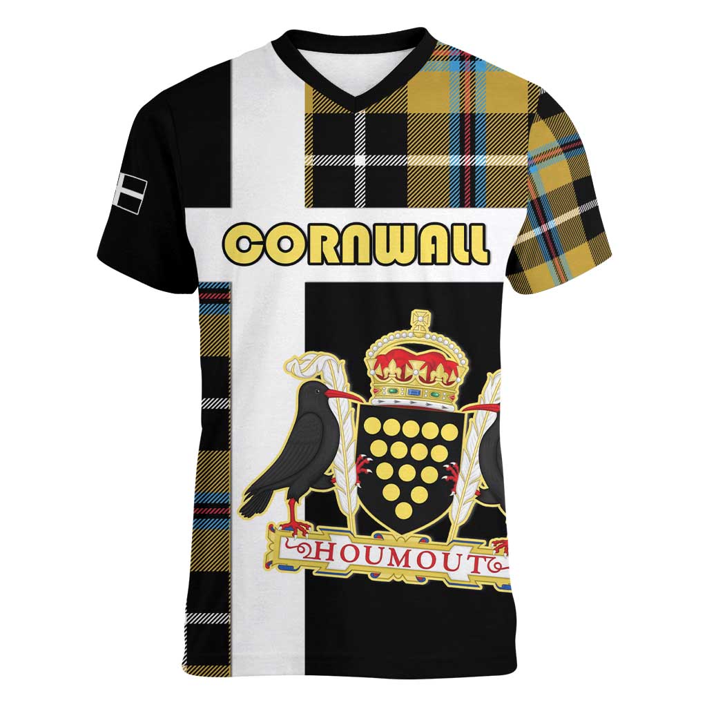 Personalized Cornwall Women V-Neck T-Shirt Coat Of Arms - Cornish Tartan - Wonder Print Shop