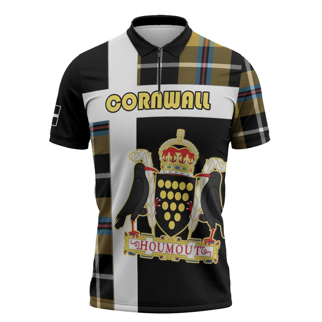 Personalized Cornwall Zipper Polo Shirt Coat Of Arms - Cornish Tartan - Wonder Print Shop