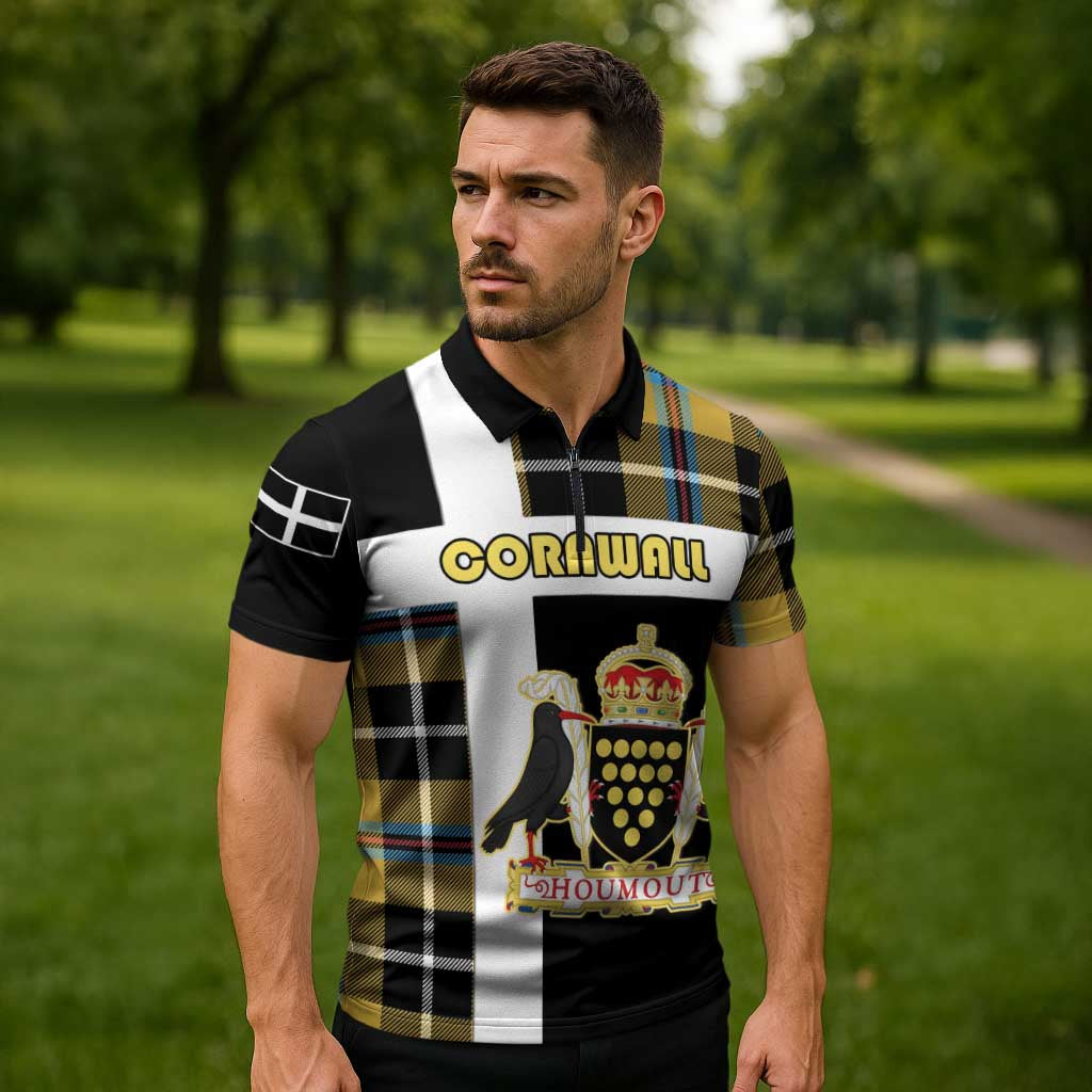 Personalized Cornwall Zipper Polo Shirt Coat Of Arms - Cornish Tartan - Wonder Print Shop