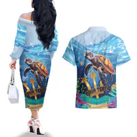 Personalised Barbados Sea Turtle Couples Matching Off The Shoulder Long Sleeve Dress and Hawaiian Shirt Ocean Style - Wonder Print Shop