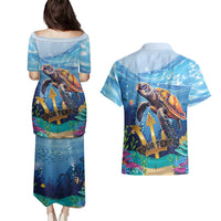 Personalised Barbados Sea Turtle Couples Matching Puletasi and Hawaiian Shirt Ocean Style - Wonder Print Shop