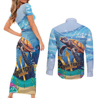 Personalised Barbados Sea Turtle Couples Matching Short Sleeve Bodycon Dress and Long Sleeve Button Shirt Ocean Style - Wonder Print Shop