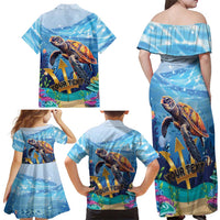Personalised Barbados Sea Turtle Family Matching Off Shoulder Maxi Dress and Hawaiian Shirt Ocean Style - Wonder Print Shop