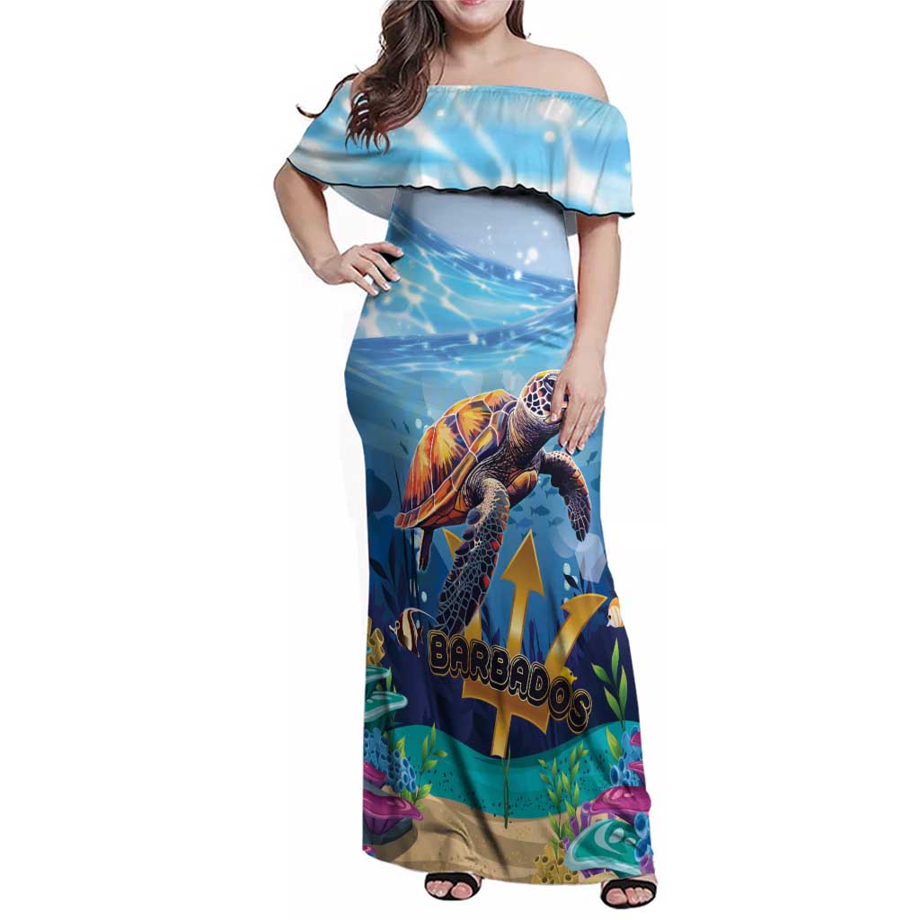 Personalised Barbados Sea Turtle Family Matching Off Shoulder Maxi Dress and Hawaiian Shirt Ocean Style - Wonder Print Shop