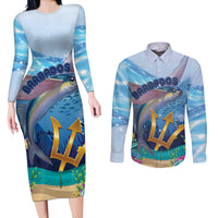 Personalised Barbados Flying Fish Couples Matching Long Sleeve Bodycon Dress and Long Sleeve Button Shirt Ocean Style - Wonder Print Shop