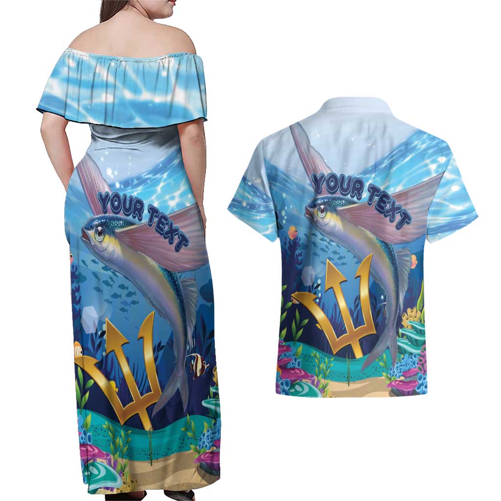 Personalised Barbados Flying Fish Couples Matching Off Shoulder Maxi Dress and Hawaiian Shirt Ocean Style - Wonder Print Shop