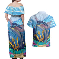 Personalised Barbados Flying Fish Couples Matching Off Shoulder Maxi Dress and Hawaiian Shirt Ocean Style - Wonder Print Shop