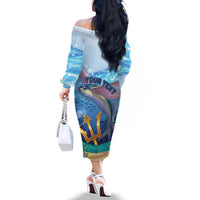 Personalised Barbados Flying Fish Family Matching Off The Shoulder Long Sleeve Dress and Hawaiian Shirt Ocean Style - Wonder Print Shop