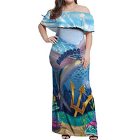 Personalised Barbados Flying Fish Off Shoulder Maxi Dress Ocean Style - Wonder Print Shop