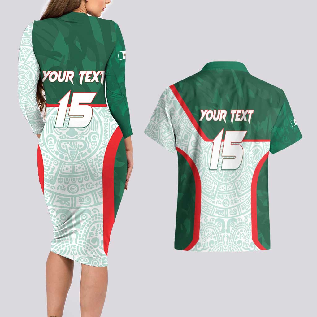 Custom Mexico Football Couples Matching Long Sleeve Bodycon Dress and Hawaiian Shirt Aztec Pattern - Wonder Print Shop