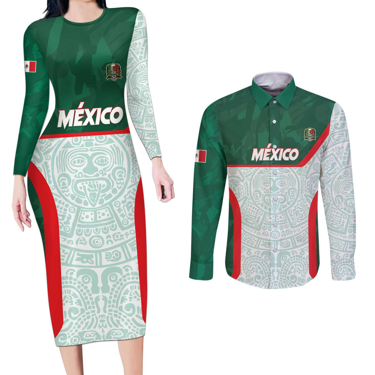 Custom Mexico Football Couples Matching Long Sleeve Bodycon Dress and Long Sleeve Button Shirt Aztec Pattern - Wonder Print Shop