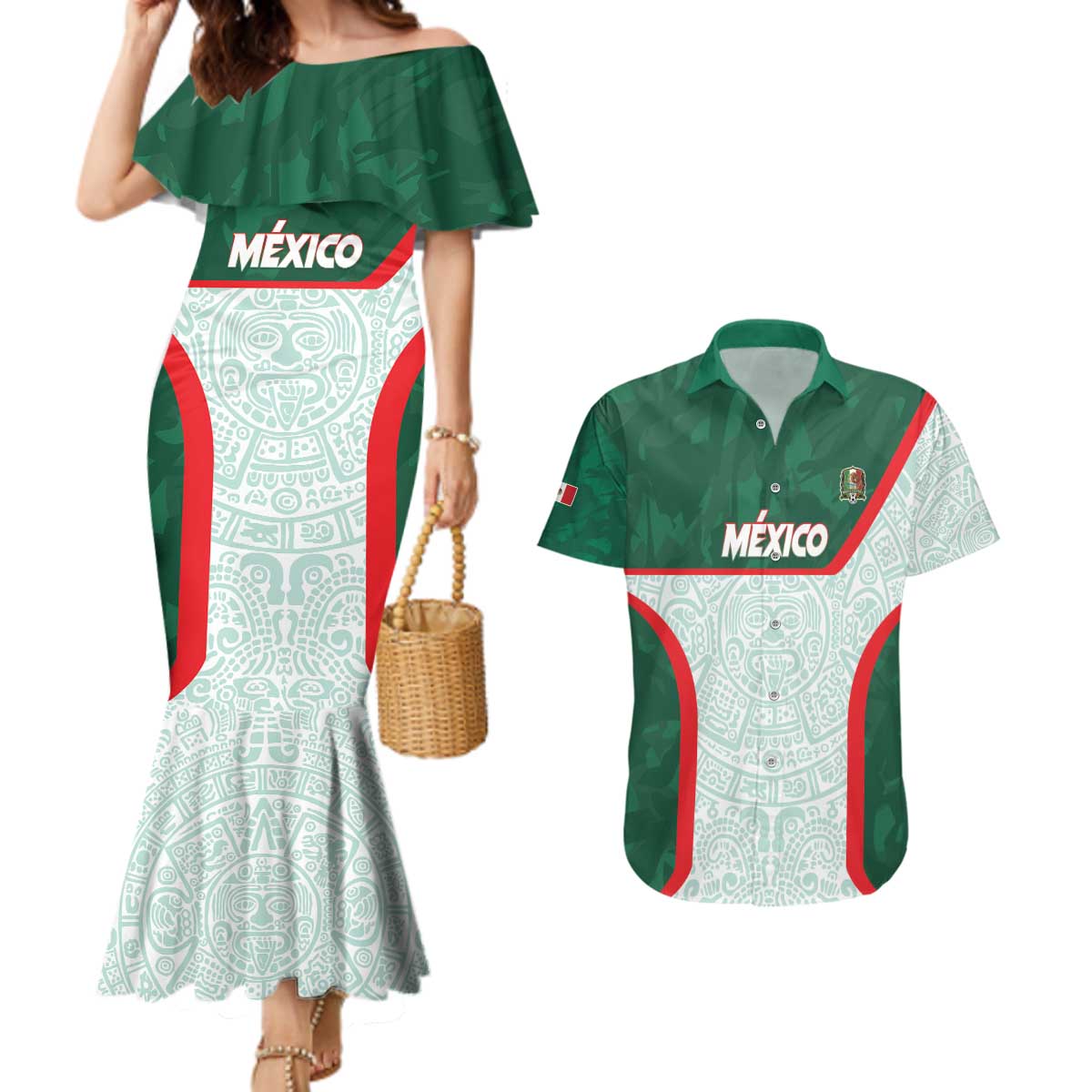 Custom Mexico Football Couples Matching Mermaid Dress and Hawaiian Shirt Aztec Pattern - Wonder Print Shop