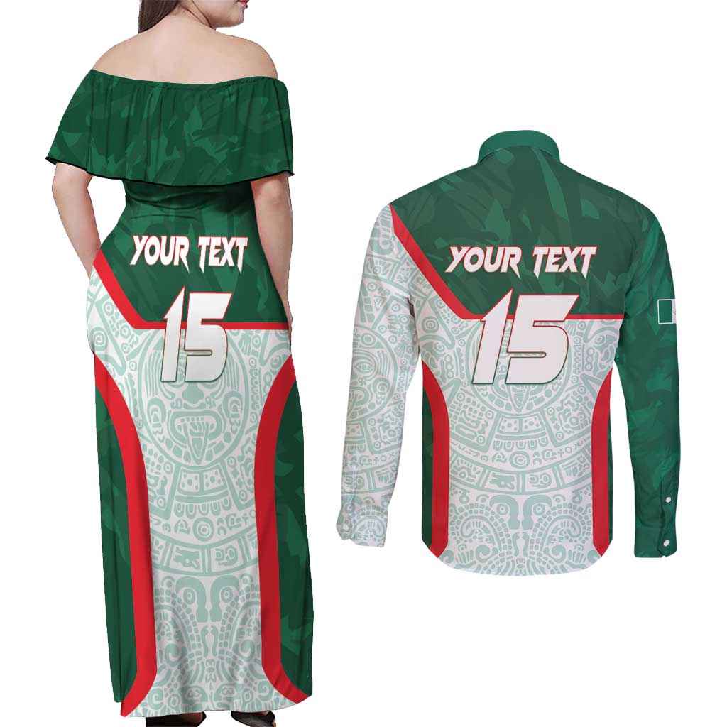 Custom Mexico Football Couples Matching Off Shoulder Maxi Dress and Long Sleeve Button Shirt Aztec Pattern - Wonder Print Shop