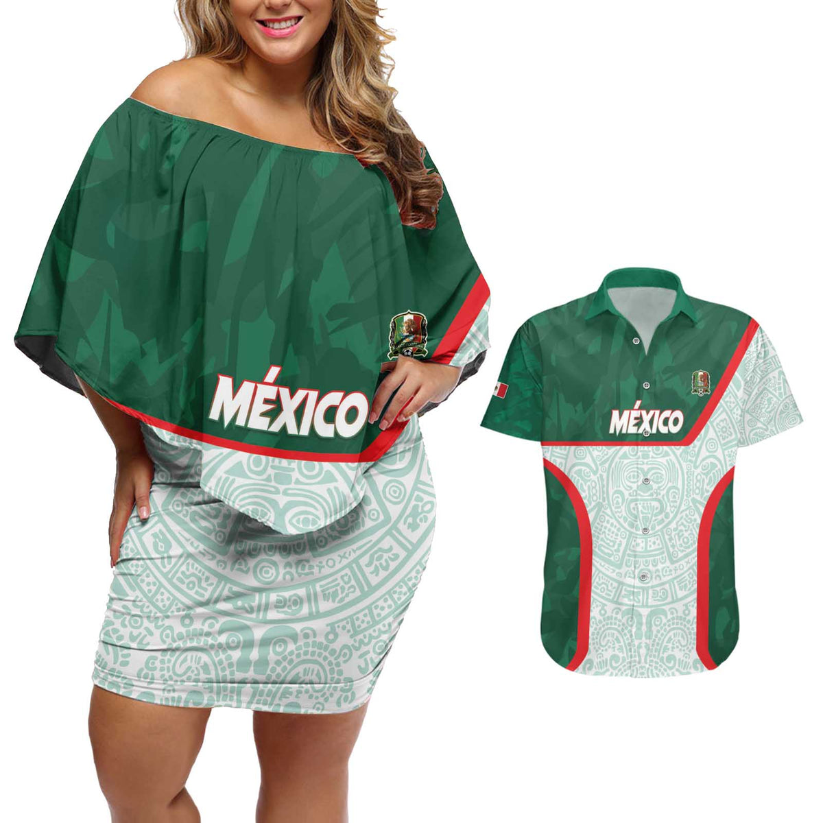 Custom Mexico Football Couples Matching Off Shoulder Short Dress and Hawaiian Shirt Aztec Pattern - Wonder Print Shop