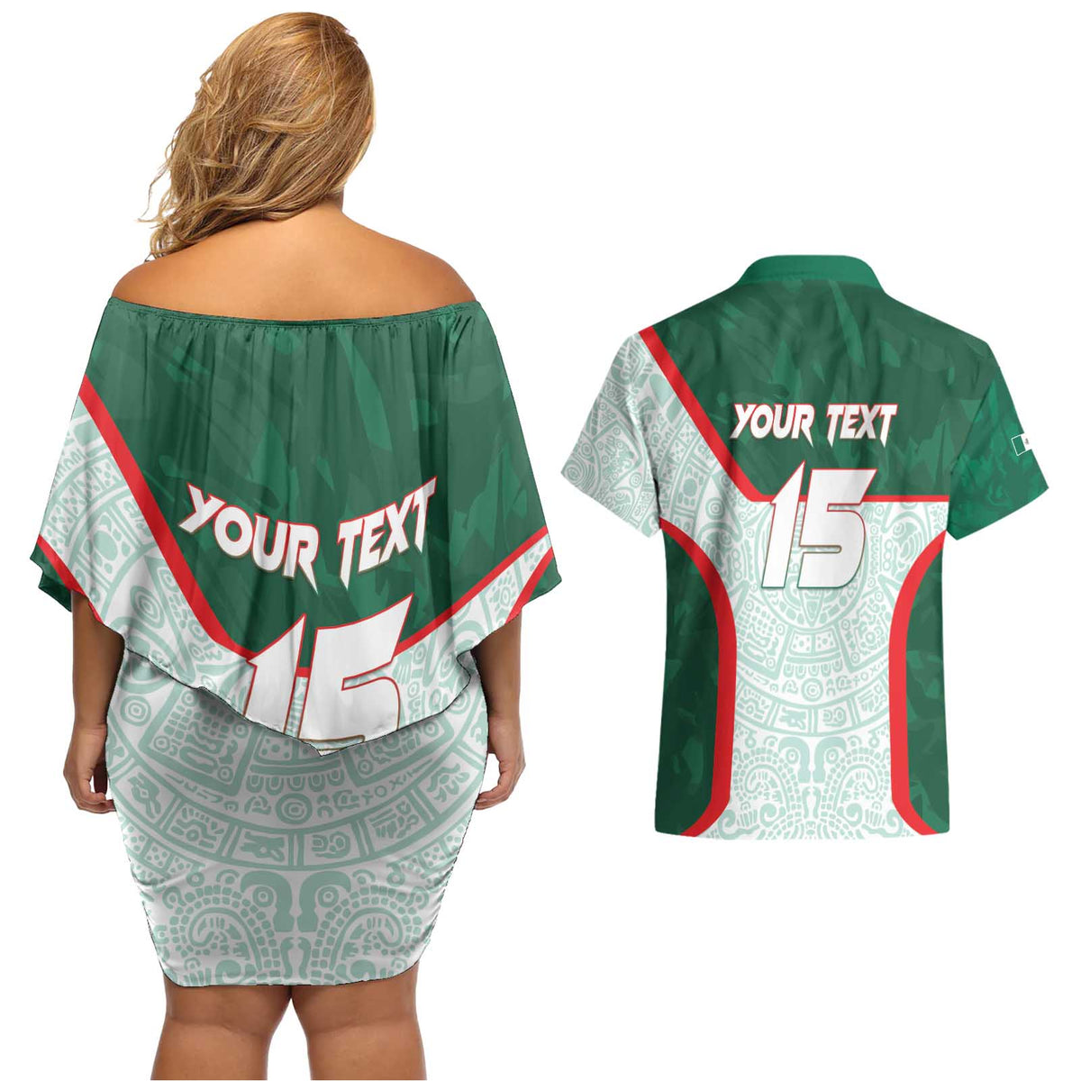 Custom Mexico Football Couples Matching Off Shoulder Short Dress and Hawaiian Shirt Aztec Pattern - Wonder Print Shop