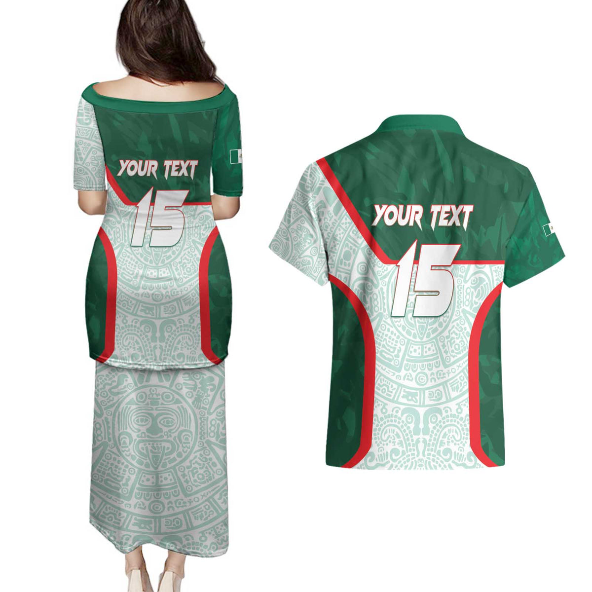 Custom Mexico Football Couples Matching Puletasi and Hawaiian Shirt Aztec Pattern - Wonder Print Shop