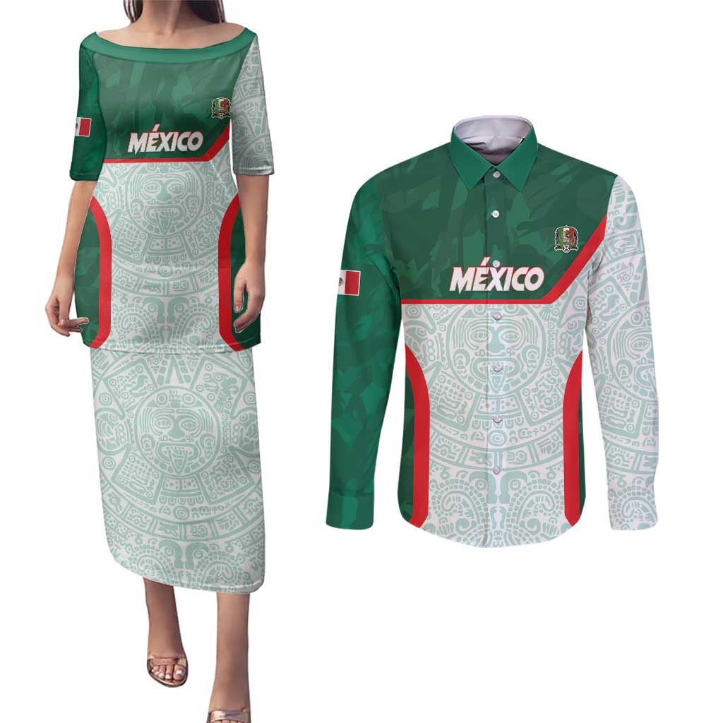 Custom Mexico Football Couples Matching Puletasi and Long Sleeve Button Shirt Aztec Pattern - Wonder Print Shop