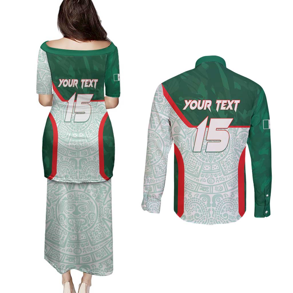 Custom Mexico Football Couples Matching Puletasi and Long Sleeve Button Shirt Aztec Pattern - Wonder Print Shop