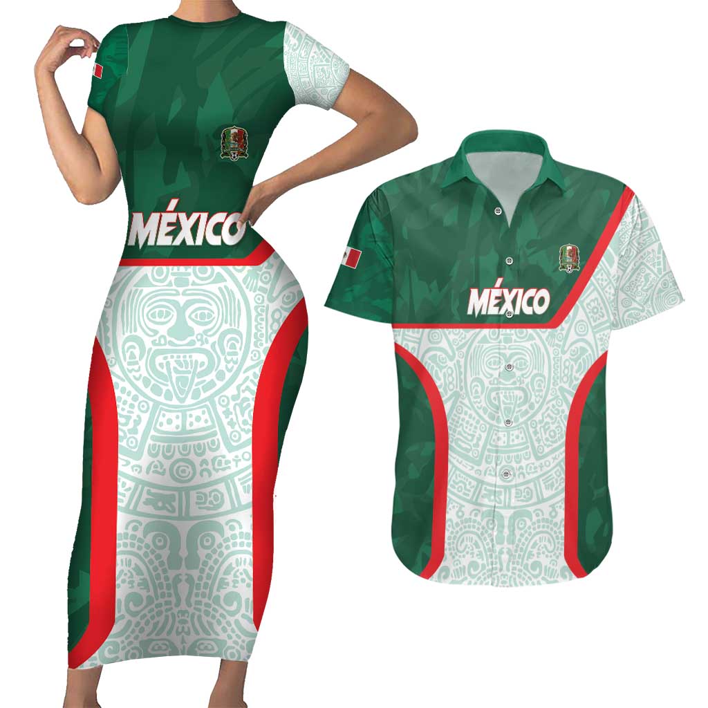 Custom Mexico Football Couples Matching Short Sleeve Bodycon Dress and Hawaiian Shirt Aztec Pattern - Wonder Print Shop