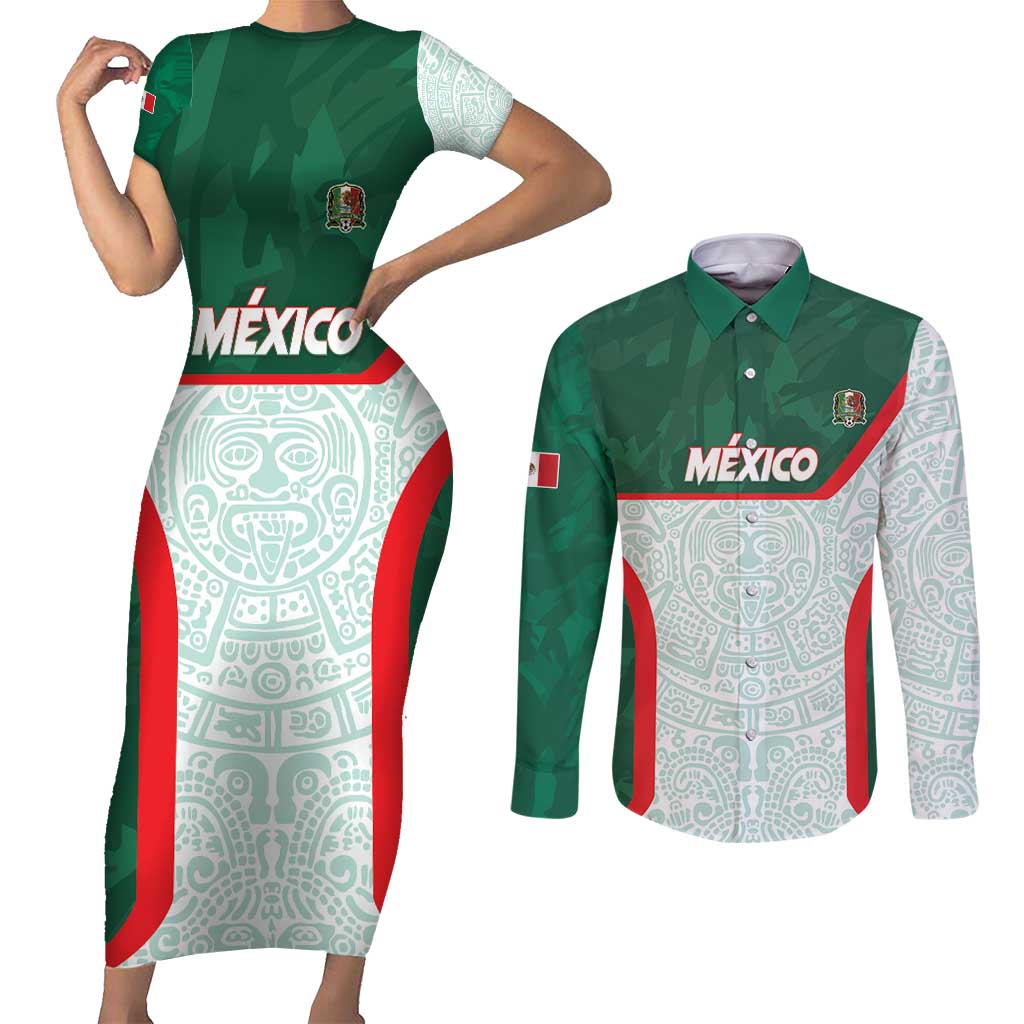 Custom Mexico Football Couples Matching Short Sleeve Bodycon Dress and Long Sleeve Button Shirt Aztec Pattern - Wonder Print Shop