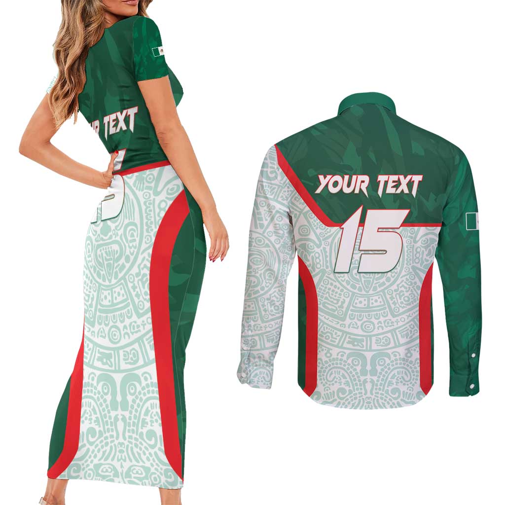 Custom Mexico Football Couples Matching Short Sleeve Bodycon Dress and Long Sleeve Button Shirt Aztec Pattern - Wonder Print Shop