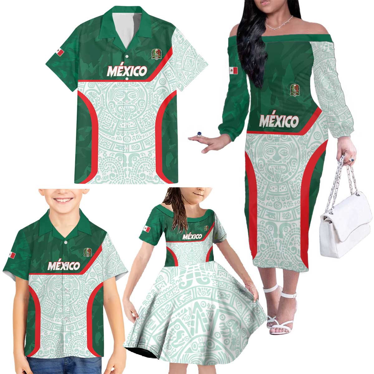 Custom Mexico Football Family Matching Off The Shoulder Long Sleeve Dress and Hawaiian Shirt Aztec Pattern - Wonder Print Shop