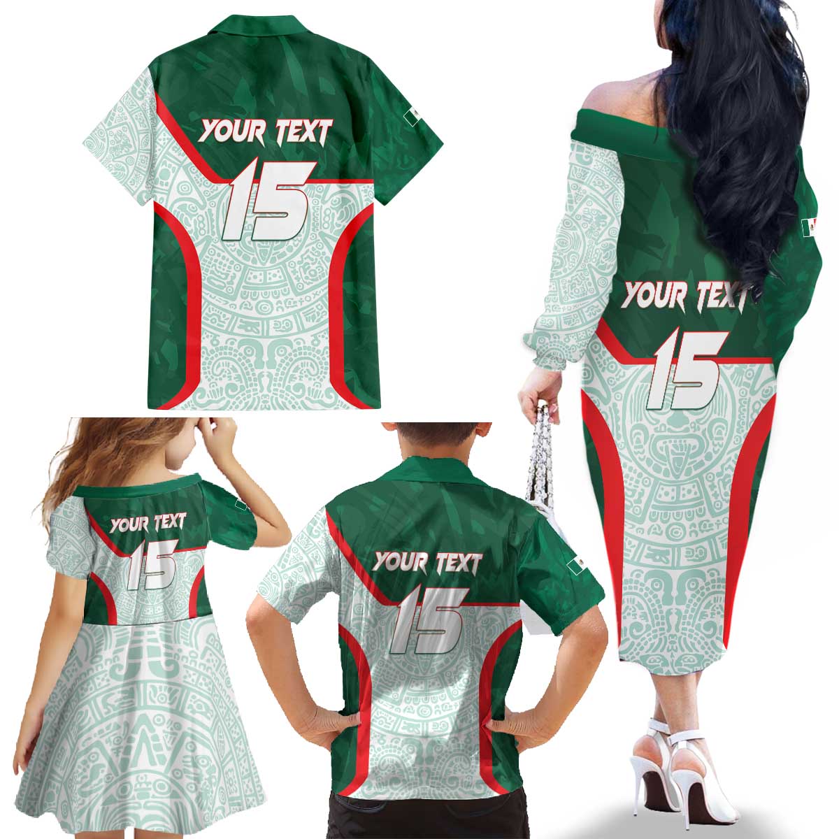 Custom Mexico Football Family Matching Off The Shoulder Long Sleeve Dress and Hawaiian Shirt Aztec Pattern - Wonder Print Shop