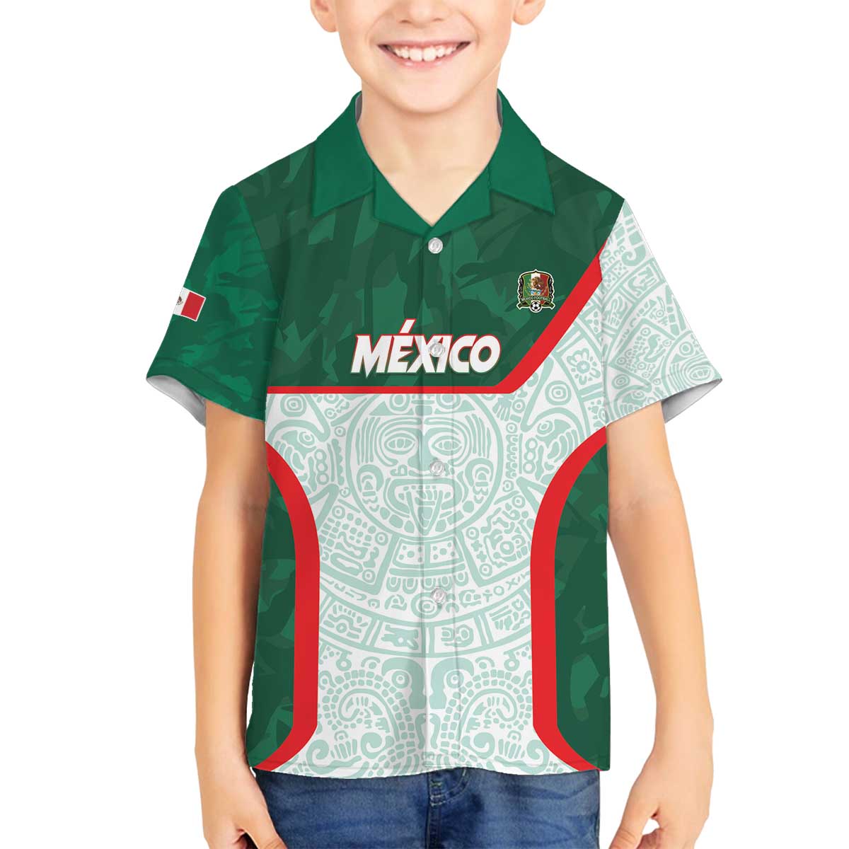 Custom Mexico Football Family Matching Off The Shoulder Long Sleeve Dress and Hawaiian Shirt Aztec Pattern - Wonder Print Shop